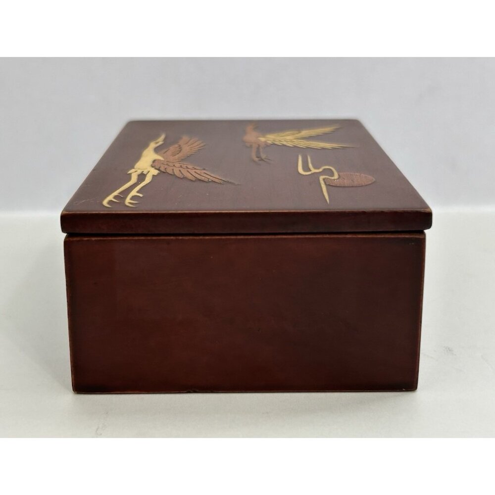 Vintage Wooden Keepsake Box Inlaid Cranes Playing Cards Trinkets Jewelry 4" x 3" - Picture 3 of 8